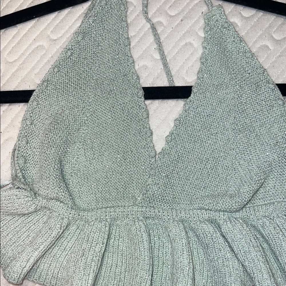 Zara Seafoam Green Knit Halter Ruffle Crop Top